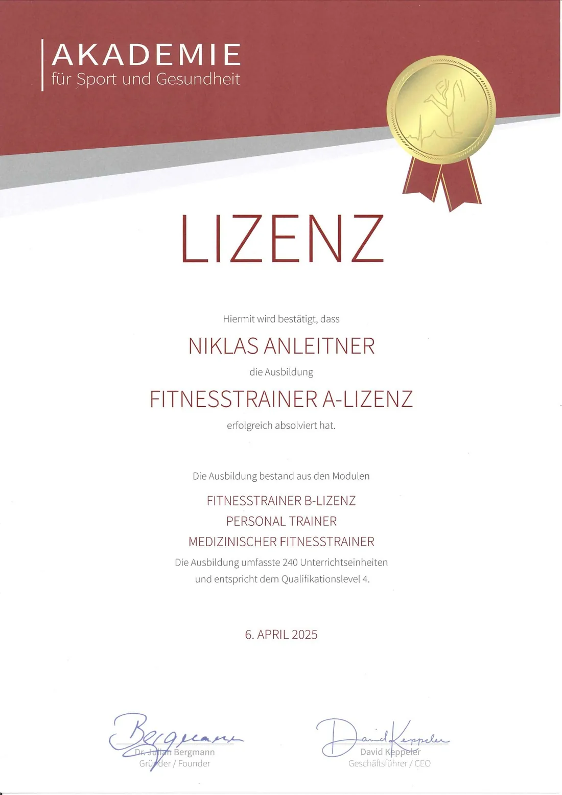 Fitnesstrainer A-Lizenz — 240 UE · Qualifikationslevel 4 · 04/2025