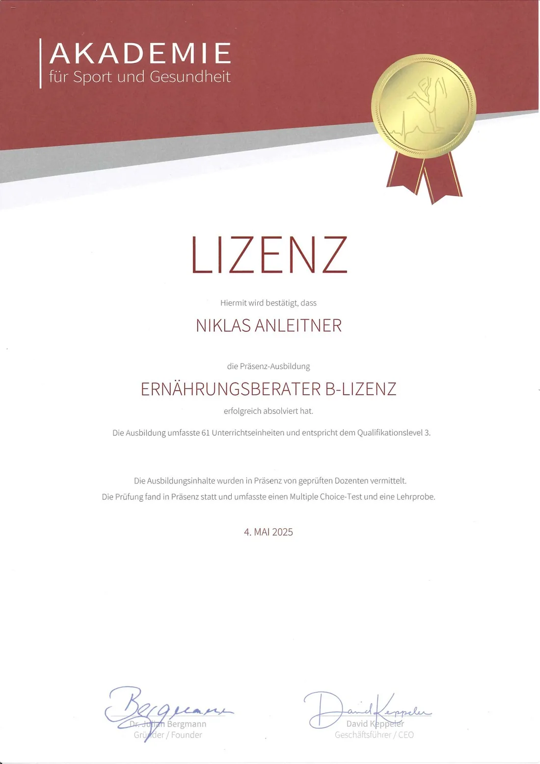 Ernährungsberater B-Lizenz — Akademie für Sport und Gesundheit · 05/2025